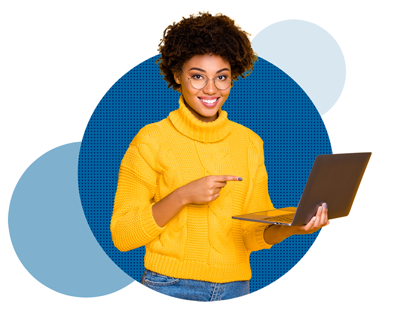 Woman holding laptop sea blue circle