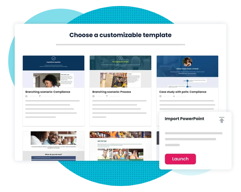 Elucidat authoring tool elearning Choose a template to start a course from or import a PowerPoint