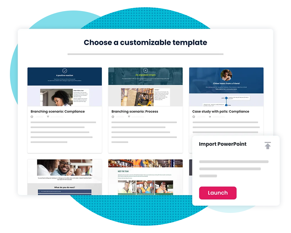 Elucidat authoring tool elearning Choose a template to start a course from or import a PowerPoint