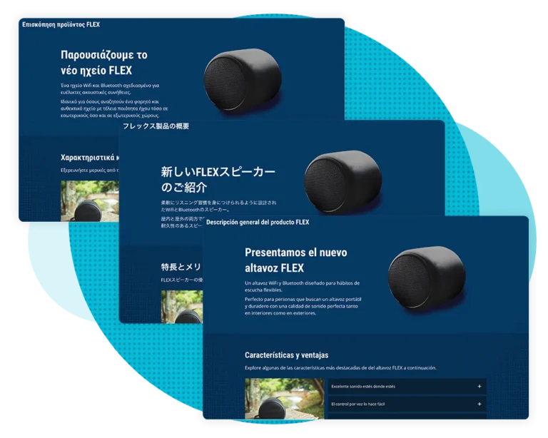 Three course images in Greek, Spanish, and Japanese to demonstrate localization