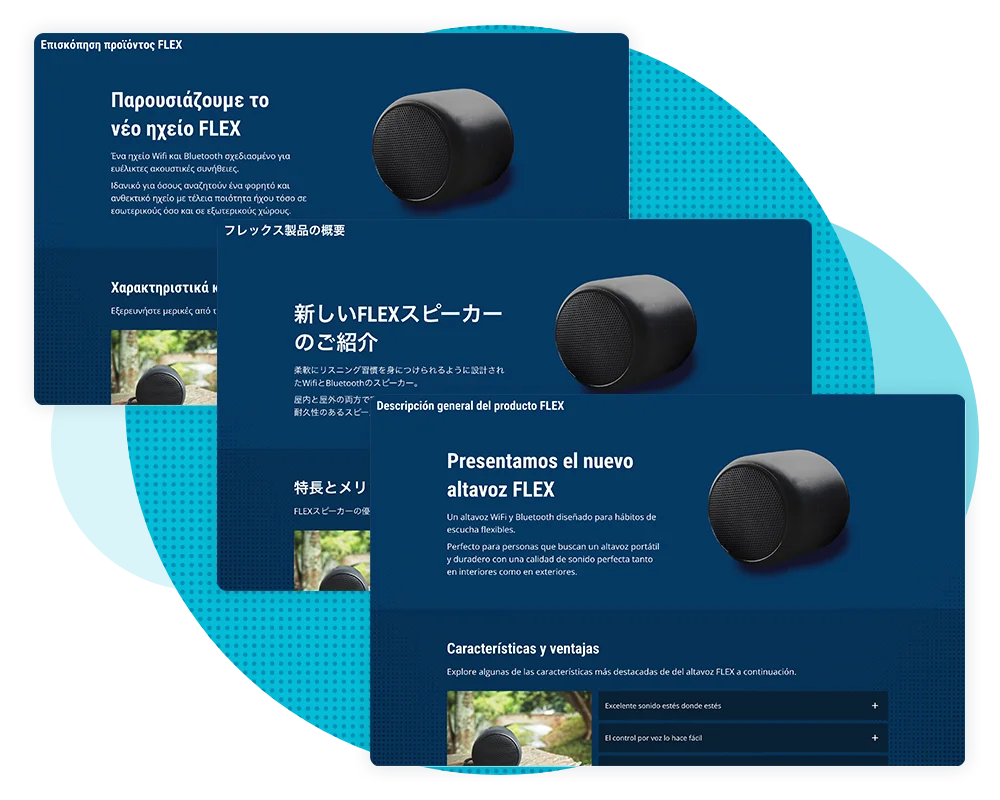 Three course images in Greek, Spanish, and Japanese to demonstrate localization